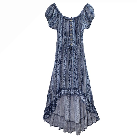 Blue Boho Paisley Maxi Dress Womens Small Off Shoulder Puff Sleeve Hi Low - Picture 1 of 9